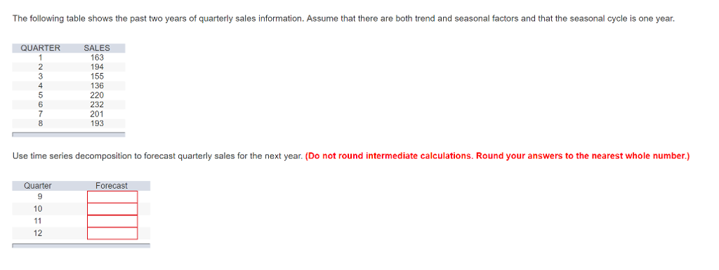 The following table shows the past two years of quarterly sales information. Assume that there are both trend and seasonal factors and that the seasonal cycle is one year. QUARTER SALES 163 194 155 136 220 232 201 193 2 4 8 Use time series decomposition to forecast quarterly sales for the next year.(Do not round intermediate calculations. Round your answers to the nearest whole number.) Forecast 10 12