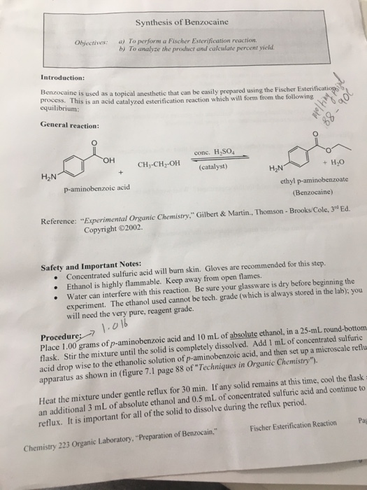 Solved Synthesis Of Benzocaine Objectives A To Perform Chegg Com