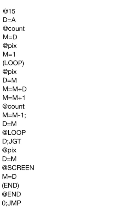 @15 D-A @count M-D @pix M-1 (LOOP) @pix D-M M-M+D M-M+1 @count M=M-1; D-M @LOOP D;JGT @pix D-M @SCREEN M-D (END) @END 0;JMP