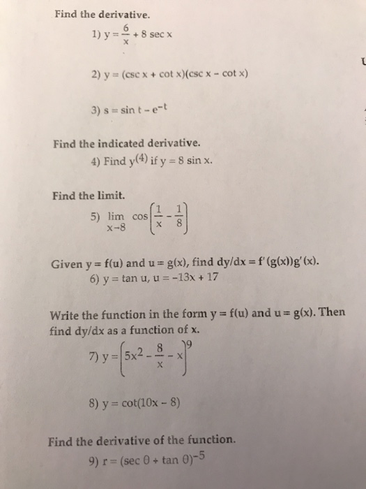 Solved Find The Derivative 1 Y 8 Sec X X 2 Y Csc X Chegg Com