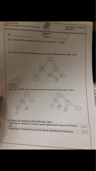 Dept. of Compater Science &Enginecring Data Structare (CMPs3e3) Spring 2018 Quiz # 3 Name: ID: Q1) What is the advantages of tree over linked lists? (0.5pt.) 02) write the nodes of the following tree using preorder and pest order. (1pts) Post order Q3) put below the tree that represents a heap and X if does not? (5pt.) 04) Specify the complexity of the following. (Spts) Inserting an element to a prierity quewe implemented using sorted linked ) Removing an element from a priority queue implemented using heap list.