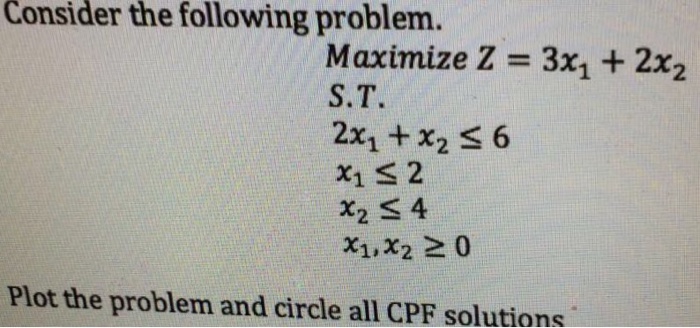 Consider the following problem. Maximize Z = 3x1 + 2x2 S.T. 2x1 + x2 xi s 2 x1,x2 20 Plot the problem and circle all CPF solutions