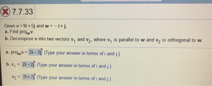 0 7 7 33 Given V 9i 5j And W I J A Find Projwv B Chegg Com