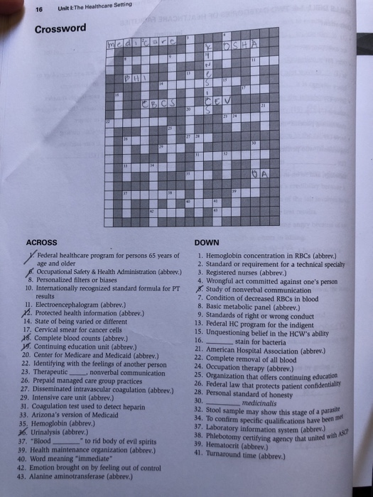 16 Unit I The Healthcare Setting Crossword Across Chegg 