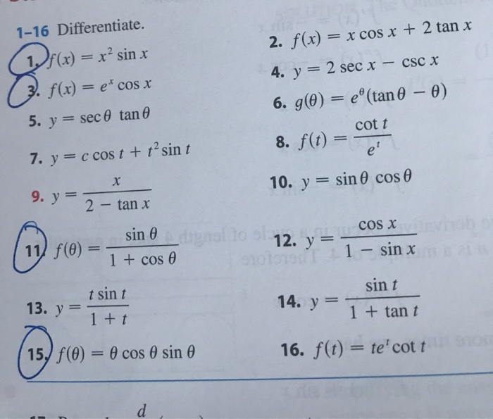 Solved 1 16 Differentiate 2 F X X Cosx 2 Tan X Sin R 2 Chegg Com