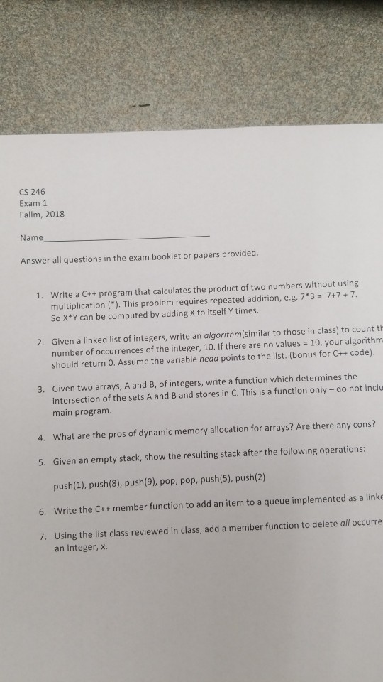 ... Answer Fallm, Question CS 246 Name 2018 Solved: Exam 1 All