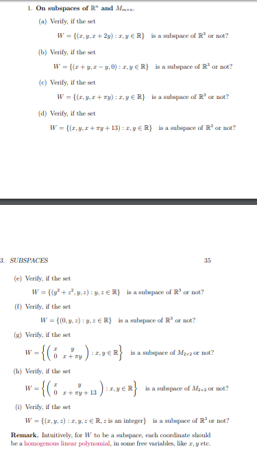 Solved 1 On Subspaces Of R N And Mm N A Verify If Th Chegg Com