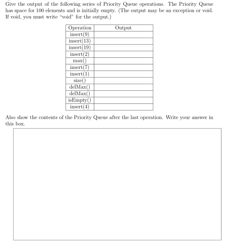 Give the output of the following series of Priority Queue operations. The Priority Queue has space for 100 elements and is initially empty. (The output may be an exception or void If void, you must write void for the output.) Operation insert(9) insert (13) insert(19) insert(2) max( insert(7) insert(1) size delMax() delMax() isEmpty() insert(4) Output Also show the contents of the Priority Queue after the last operation. Write your answer in this box