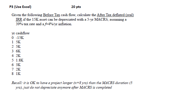 solved p3 use excel 20 pts given the following before ta macrs excel