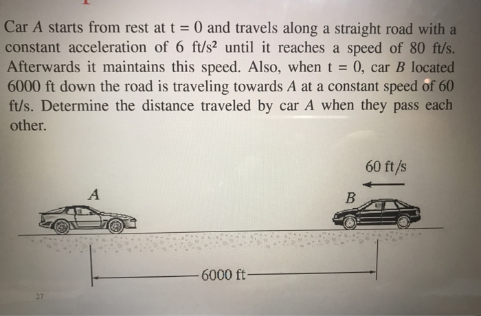 Car A starts from rest at t = 0 and travels along a straight road with a constant acceleration of 6 ft/s2 until it reaches a speed of 80 ft/s. Afterwards it maintains this speed. Also, when t = 0, car B located 6000 ft down the road is traveling towards A at a constant speed of 60 ft/s. Determine the distance traveled by car A when they pass each other. 60 ft /s 6000 ft 27