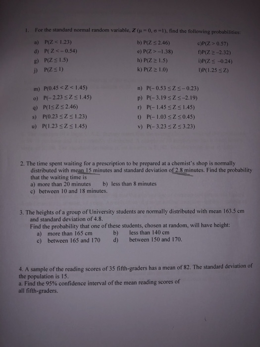 Solved 1 For The Standard Normal Random Variable Z Ji Chegg Com