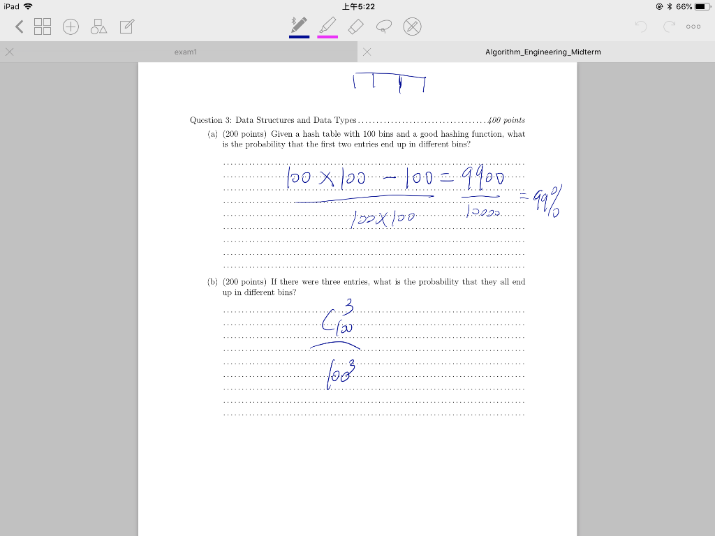 iPad 上午5:22 e * 66% exam Algorithm_Engineering_Midterm Question 3: Data Structures and Data Types 400 points (a) (200 points)
