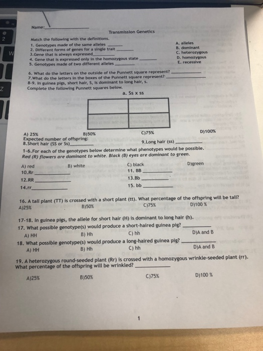 Solved Name Transmission Genetics Match The Following Wi