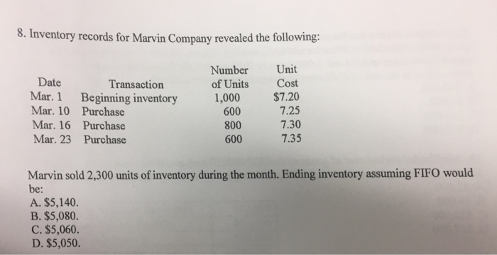 8 Inventory Records For Marvin Pany Revealed The Chegg 