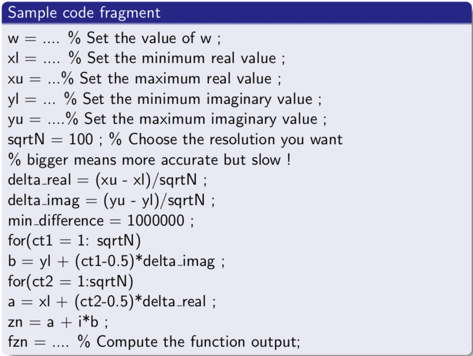 Sample code fragment w-.... % Set the value of w ; xl-.... 00 Set the minimum real value xu …% Set the maximum real value y-.