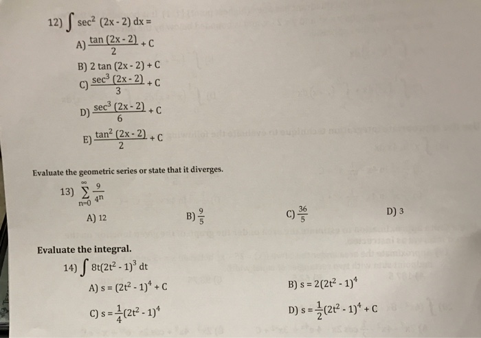 Solved Integral Sec 2 2x 2 Dx A Tan 2x 2 2 C Chegg Com