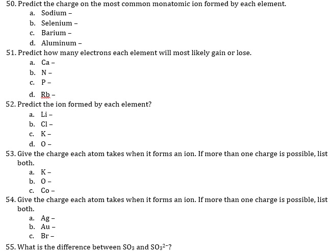 50 Predict The Charge On The Most Mon Monatomic Chegg 