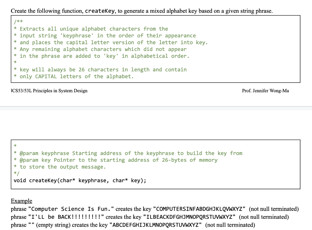 Create the following function, createKey, to generate a mixed alphabet key based on a given string phrase k H Extracts all un