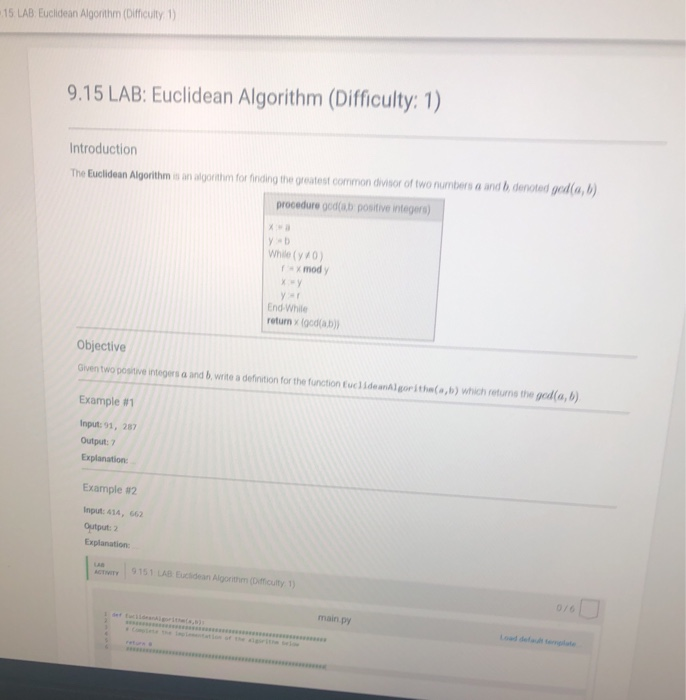 Solved Euclidean Algornthm Difficuity 1 9 15 Lab Eucli Chegg Com