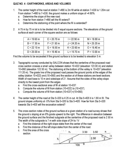 Quizno 4 Earthworks Areas And Volumes 1 The Center Chegg Com