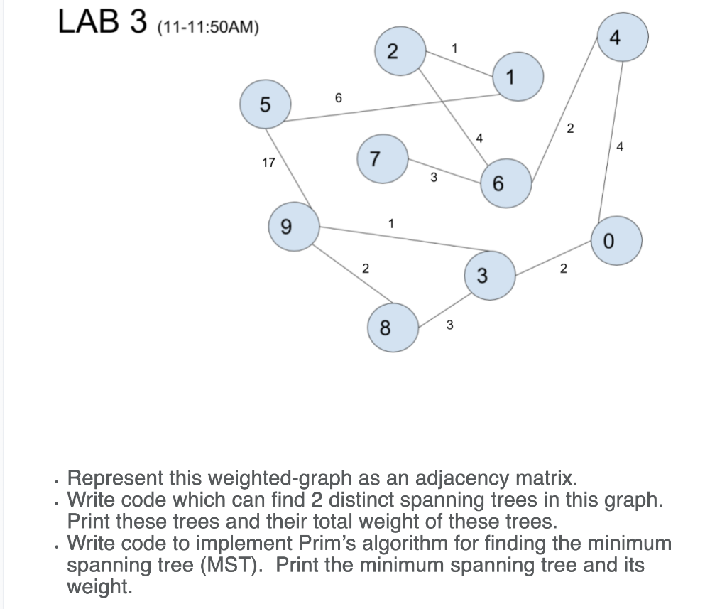 LAB 3 (11-11:50AM) 4 2 17 6 0 8 3 Represent this weighted-graph as an adjacency matrix. Write code which can find 2 distinct