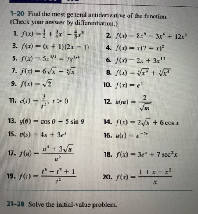 Solved 1 Find The Most General Antiderivative Of The Chegg Com