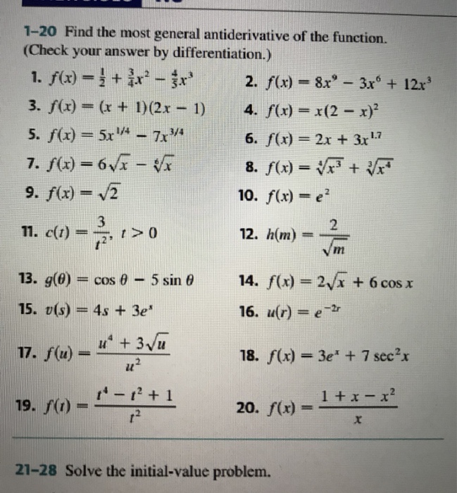 Solved 1 Find The Most General Antiderivative Of The Chegg Com
