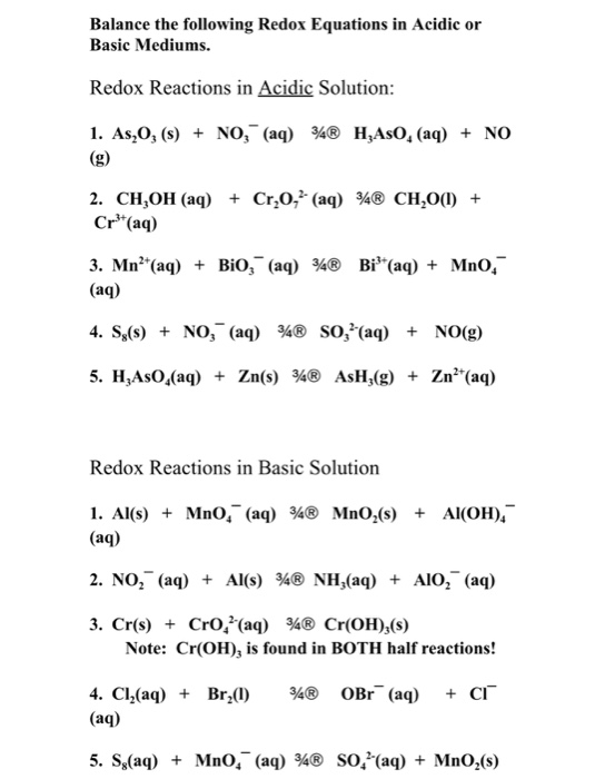 Solved Balance The Following Redox Equations In Acidic Or Chegg Com