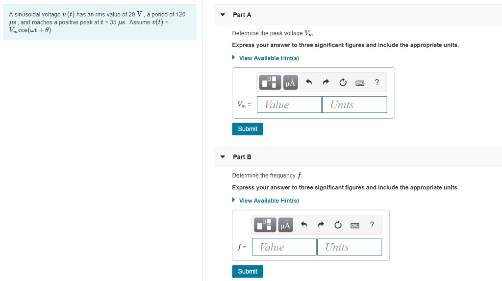 Solved A Sinusoidal Voltage V T Has An Rms Value Of Chegg Com