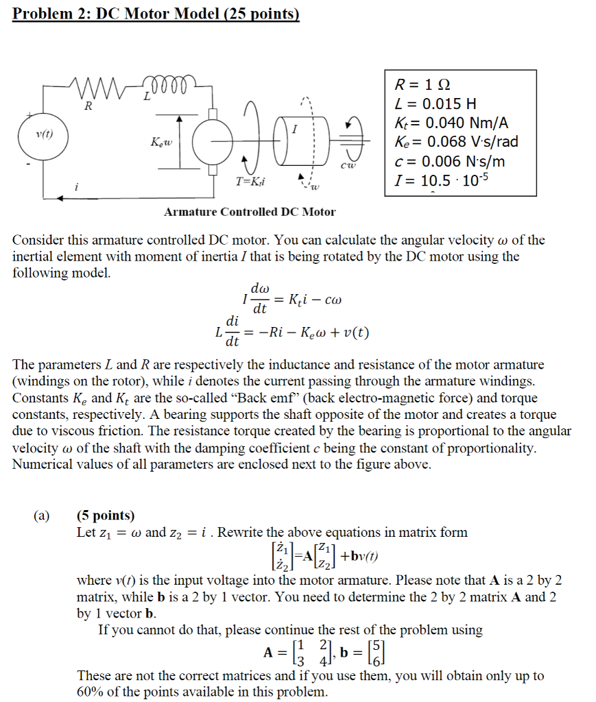 Problem 2 Dc Motor Model 25 Points し 0 015 H Kv Chegg Com