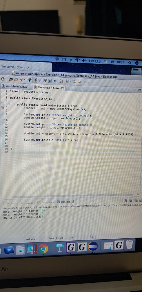 (목) 18:31 a ! Welcome, Sylvia + eclipse-workspace - Exercise2 14 java/src/Exercise2 14 java - Eclipse IDE import java.util.Sc