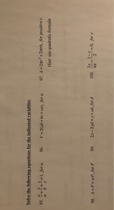 Solved Solve The Following Equations For The Indicated Chegg Com