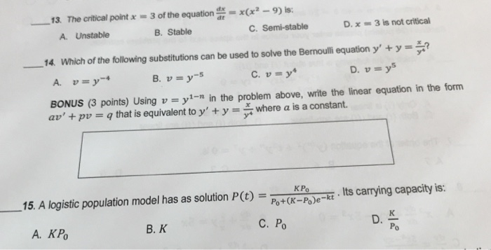 Solved 13 The Critical Point 3 Of The Equation 9 S B Chegg Com