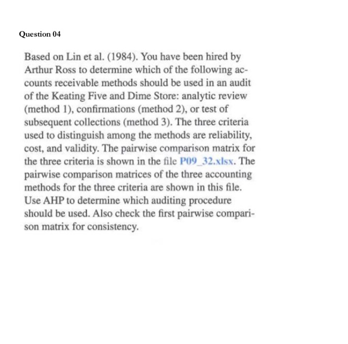 Question 04 Based on Lin et al. (1984). You have been hired by Arthur Ross to determine which of the following ac- counts rec