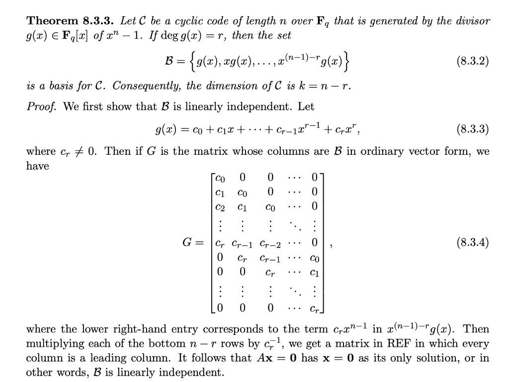 Theorem 8 3 3 Let C Be A Cyclic Code Of Length N Chegg Com