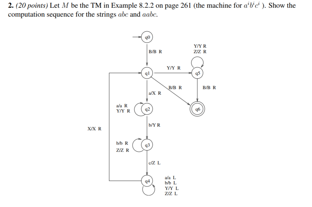 2. (20 points) Let M be the TM in Example 8.2.2 on page 261 (the machine for abc ). Show the computation sequence for the s