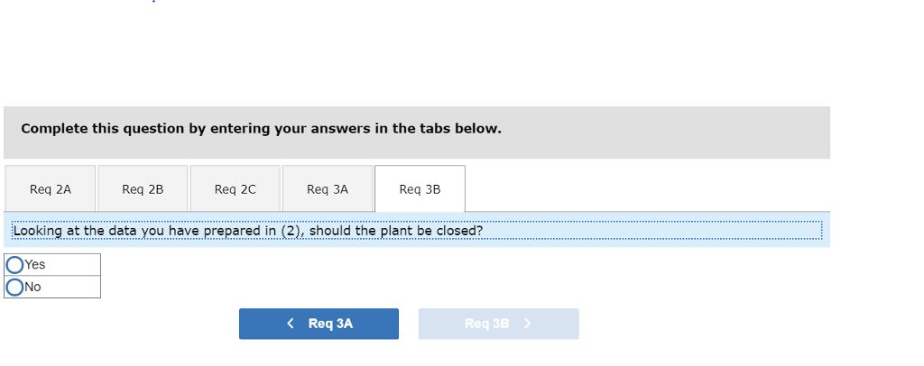 Complete this question by entering your answers in the tabs below req 2a req 2b req 2c req 3a req 3b looking at the data you have prepared in (2), should the plant be closed? oyes ono k req 3a req 3b