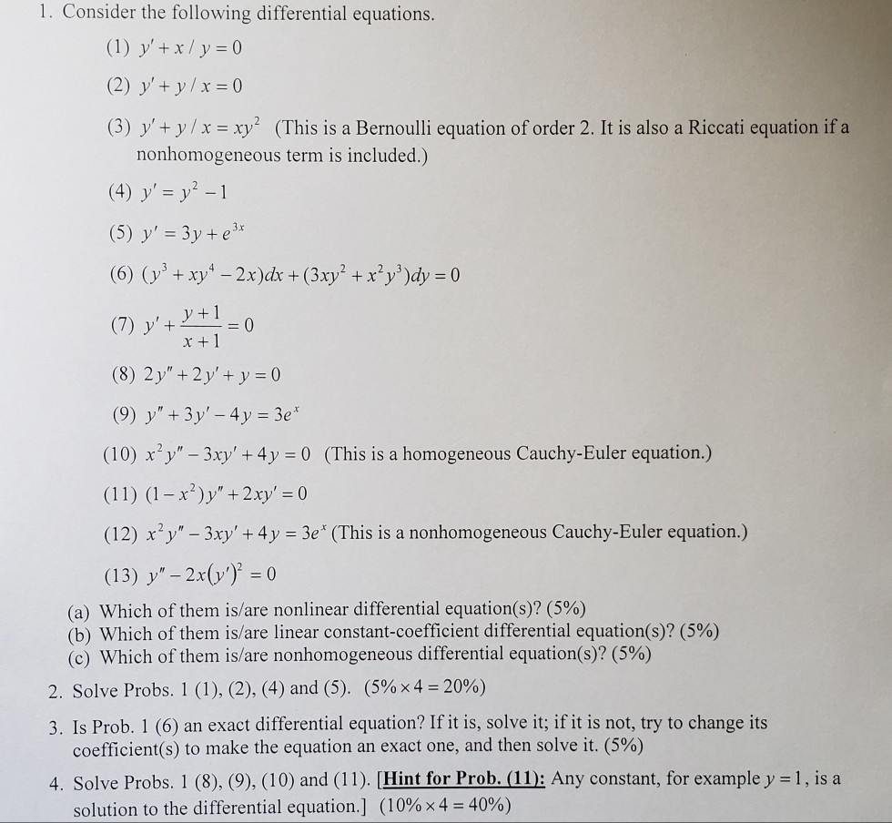 Solved 1 Consider The Following Differential Equations Chegg Com