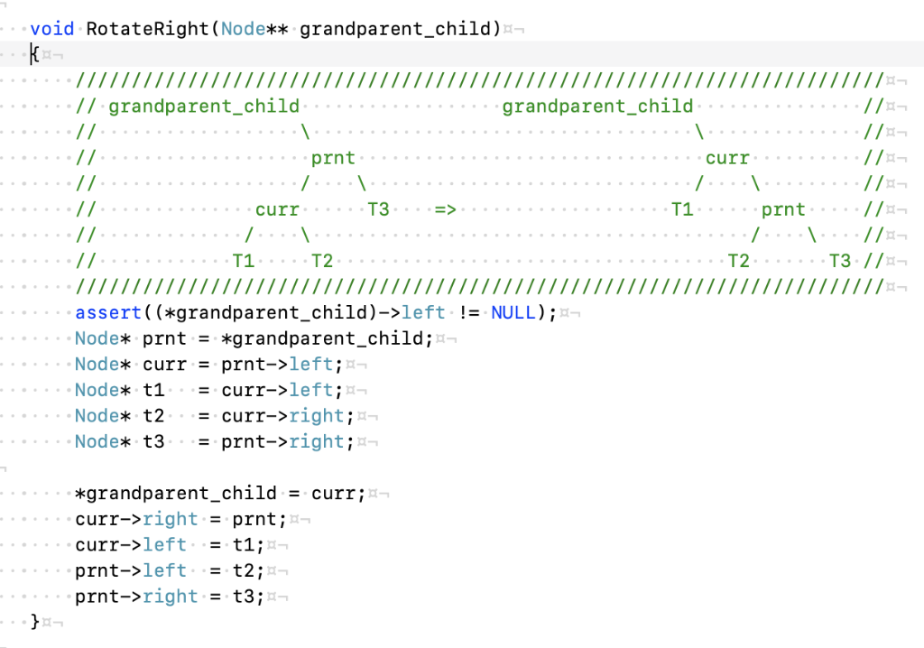 void Ro t a t e Right (Node** grandparent-child) // grandparent_child grandparent_child. prnt curr T1 T3 curr prnt T3-1 T2 T1