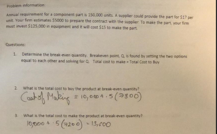 Problem information Aonma reauremen for .compenen art units. A supplier could provide the part for $17 per our firm estimates $5000 to prepare the contract with the supplier. To make the part, your firm must invest $125,000 in equipment and it will cost $15 to make the part. Questions: 1. Determine the break-even quantity. Breakeven point, Q, is found by setting the two options equal to each other and solving for a Total cost to make Total Cost to Buy 2. What is the total cost to buy the product at break-even quantity? 0, 0004.5 (300 3. What is the total cost to make the product at break-even quantity?
