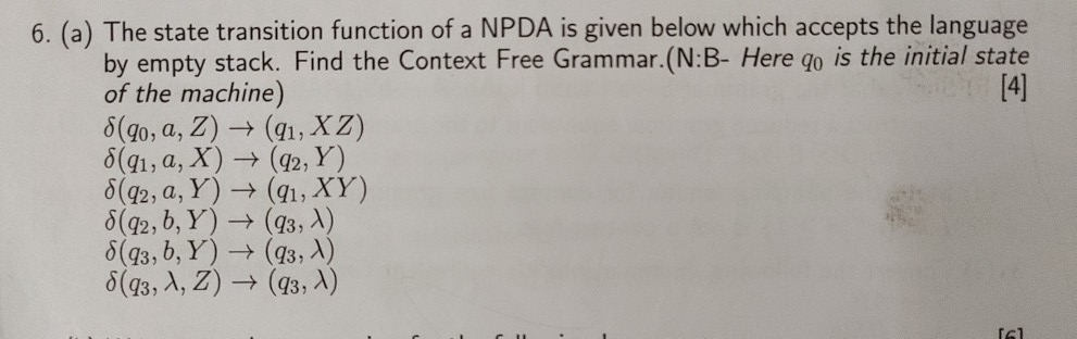 6. (a) The state transition function of a NPDA is given below which accepts the language by empty stack. Find the Context Fre