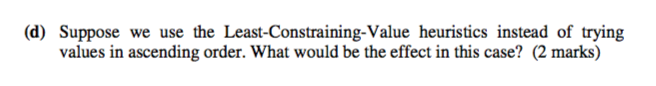 (d) Suppose we use the Least-Constraining-Value heuristics instead of trying values in ascending order. What would be the eff