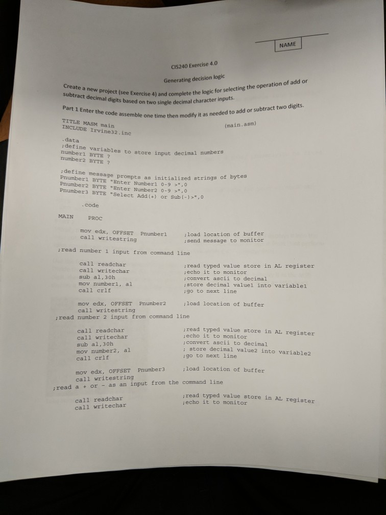 NAME CIS240 Exercise 4.0 Generating decision logic Create a new project (see Exercise complete subtract decimal digits based