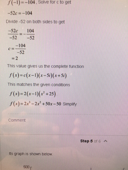 Solved f(-1)-104. Solve for c to get -52c =-104 Divide -52