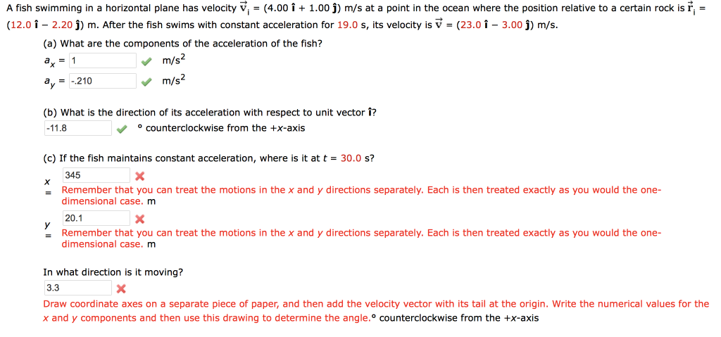 Solved A Fish Swimming In A Horizontal Plane Has Velocity Chegg Com