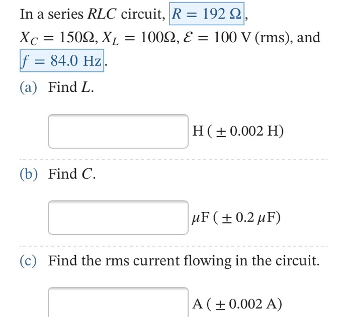 Solved In A Series Rlc Circuit R 192 W Xc 150w Xl 100 Chegg Com