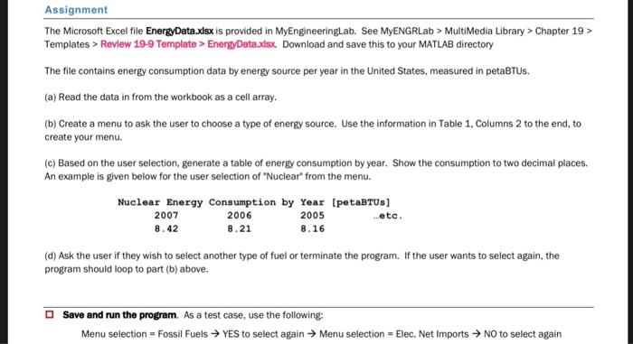 Assignment The Microsoft Excel File Energydata Xlsx Chegg Com