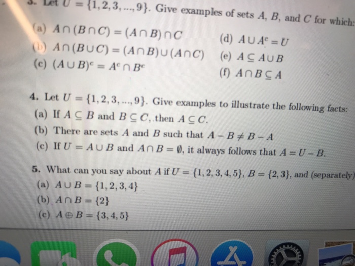 Solved Let U 1 2 3 9 Give Examples Of Sets A B Chegg Com