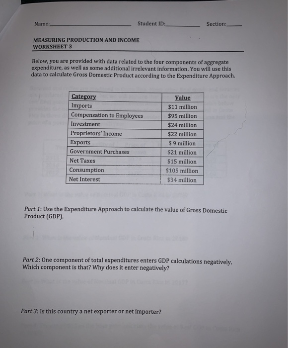 Solved Section: Student ID: Name: MEASURING PRODUCTION AND | Chegg.com