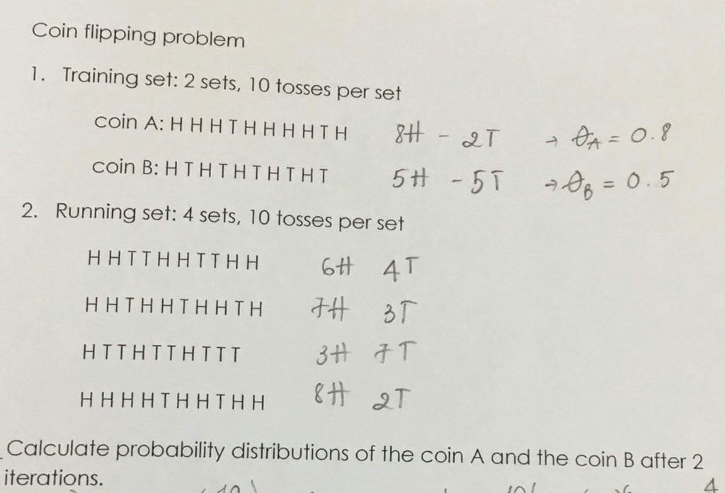 Coin flipping problem 1. Training set: 2 sets, 10 tosses per set coin B: H TH TH T HT HT 5? -5T +8B = 0.5 2. Running set: 4 sets, 10 tosses per set HHTTHHTTHH 6?4T HHTHHTHHTH???? HTTHTTHTTT Calculate probability distributions of the coin A and the coin B after 2 iterations. 4